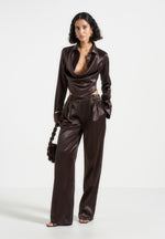 Satia - Satin Cowl Shirt with Chain Detail - Brown