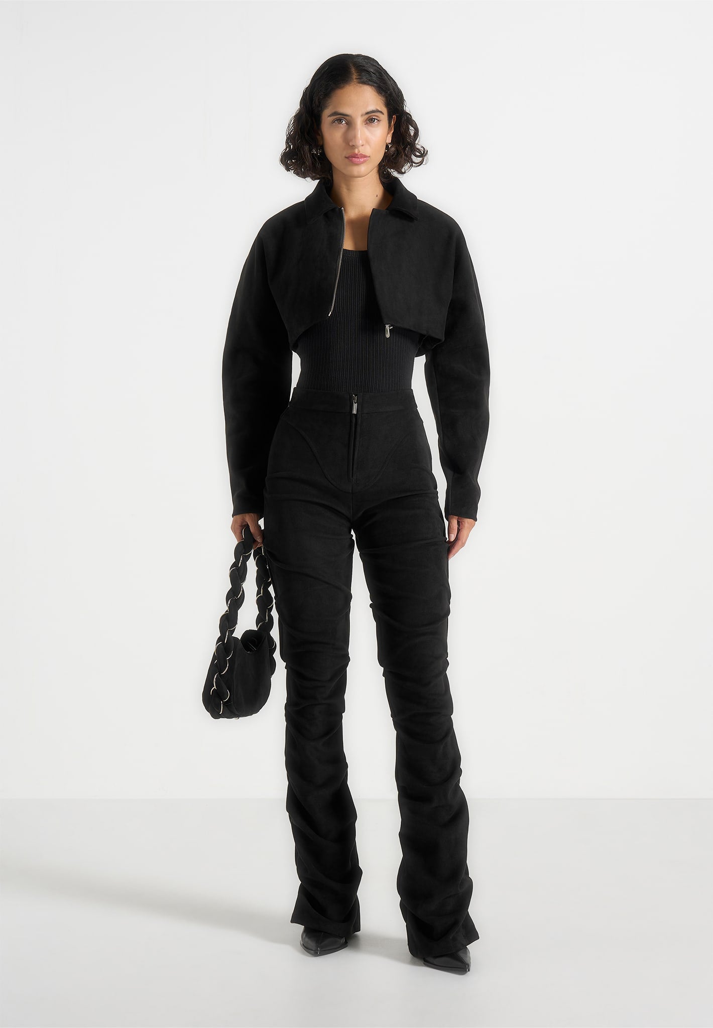 Caroline - Tacked Suede Flared Trousers - Black 