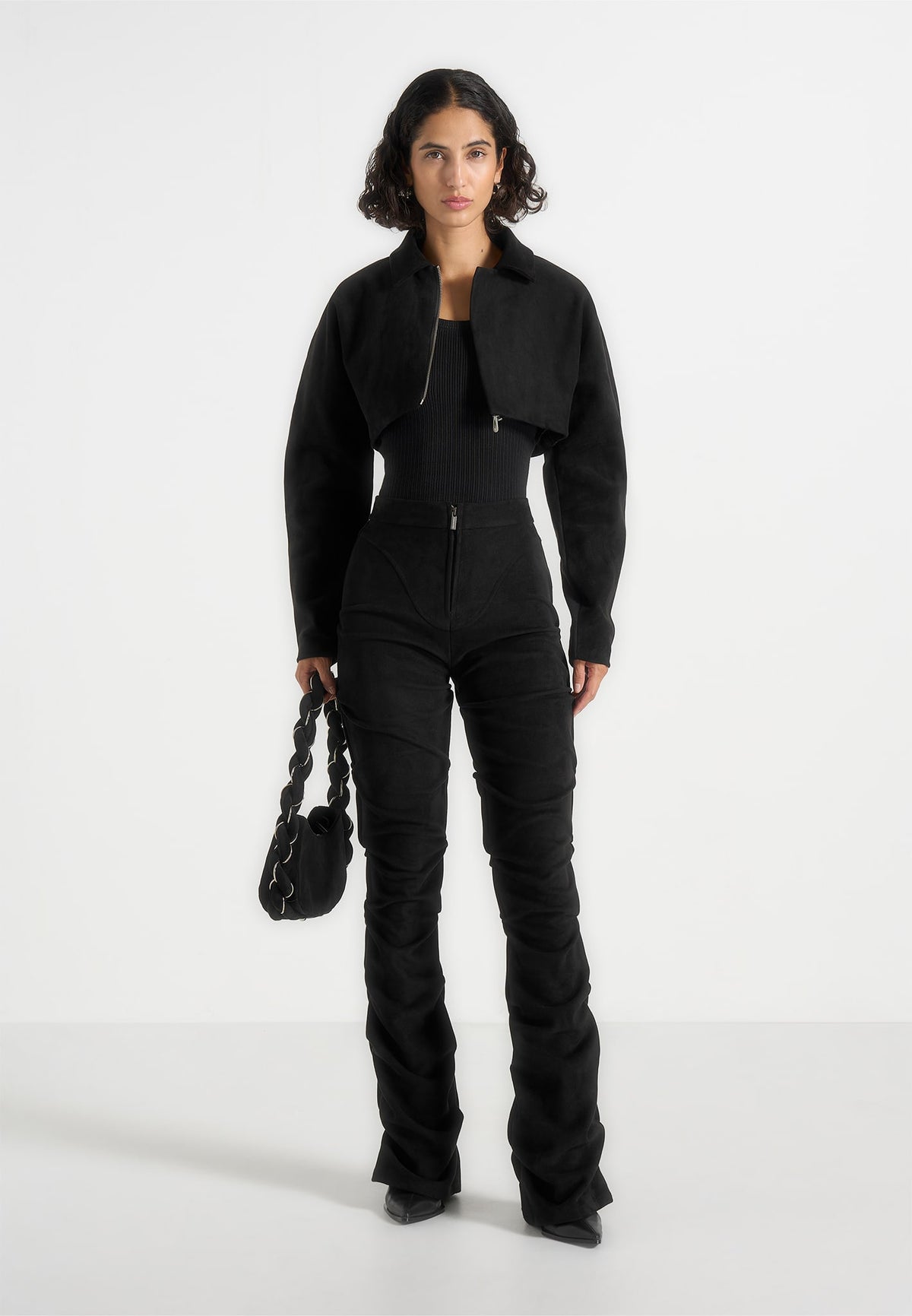 Caroline - Tacked Suede Fit & Flare Trousers - Black