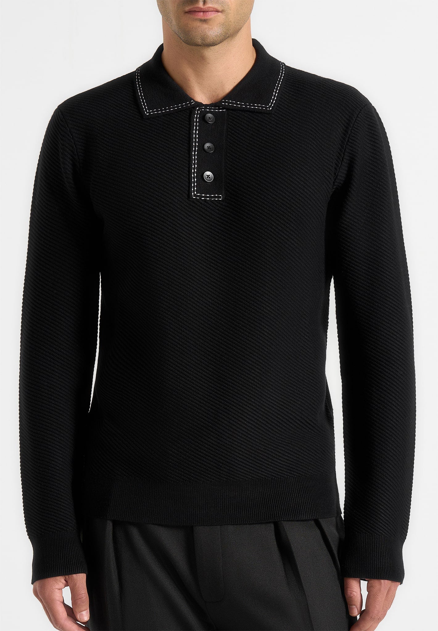 Aymeric - Whipstitch Detail Long Sleeve Knit Polo Shirt - Black