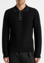 Aymeric - Whipstitch Detail Long Sleeve Knit Polo Shirt - Black