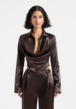 Satia - Satin Cowl Shirt with Chain Detail - Brown