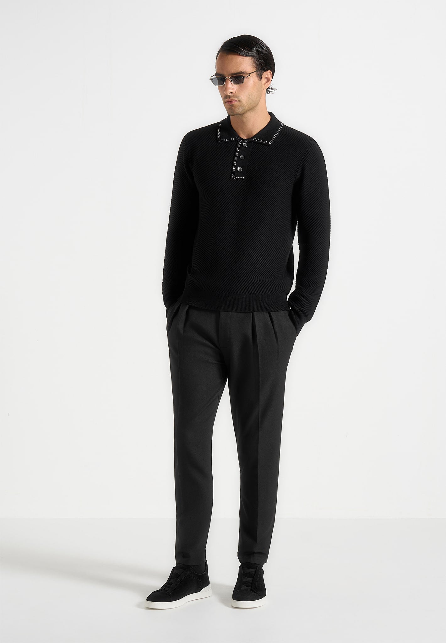 Aymeric - Whipstitch Detail Long Sleeve Knit Polo Shirt - Black