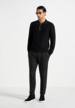 Aymeric - Whipstitch Detail Long Sleeve Knit Polo Shirt - Black