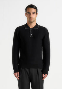 Aymeric - Whipstitch Detail Long Sleeve Knit Polo Shirt - Black