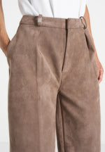 Solène - Suede Wide Leg Pleated Trousers - Taupe