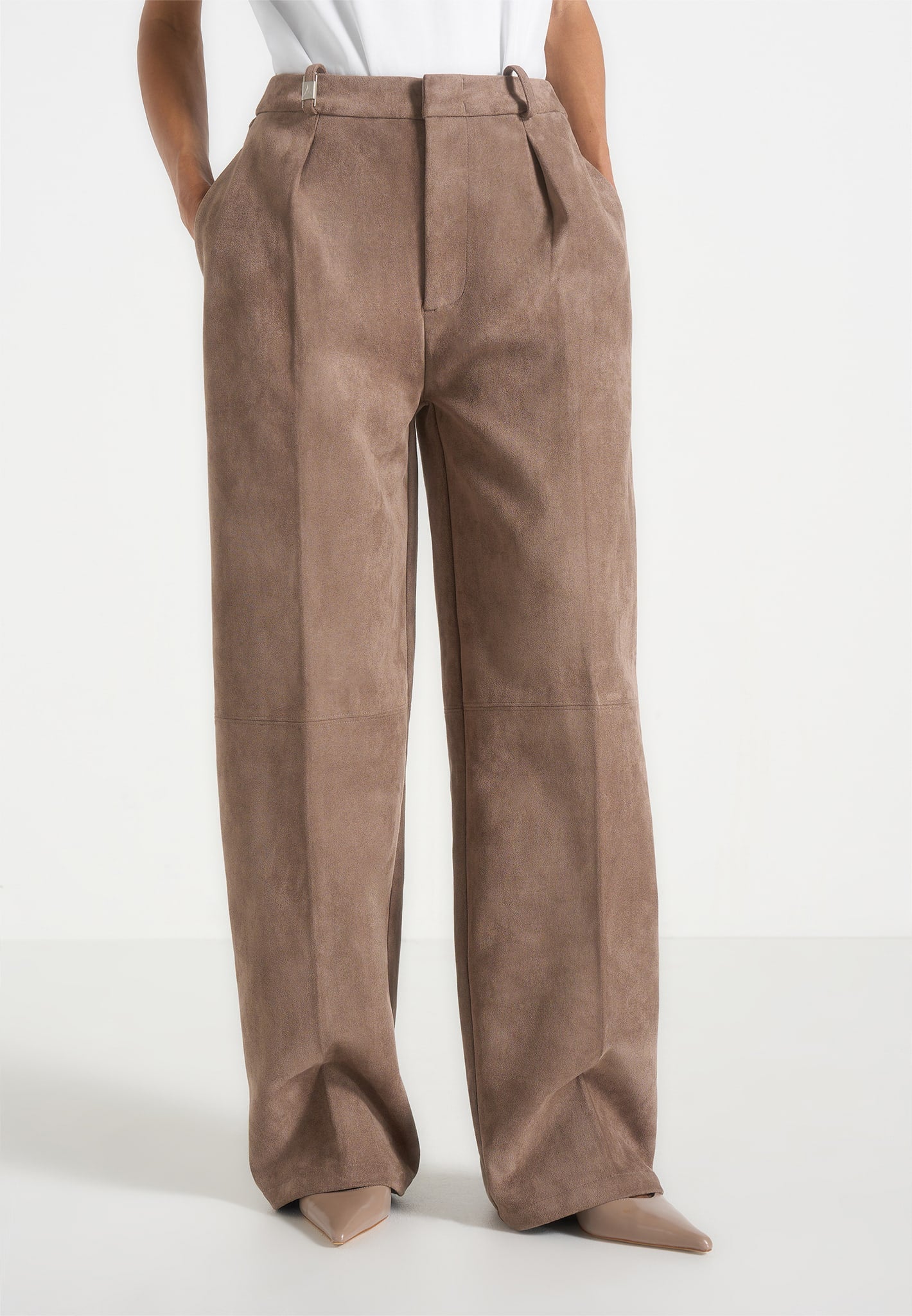 Solène - Suede Wide Leg Pleated Trousers - Taupe