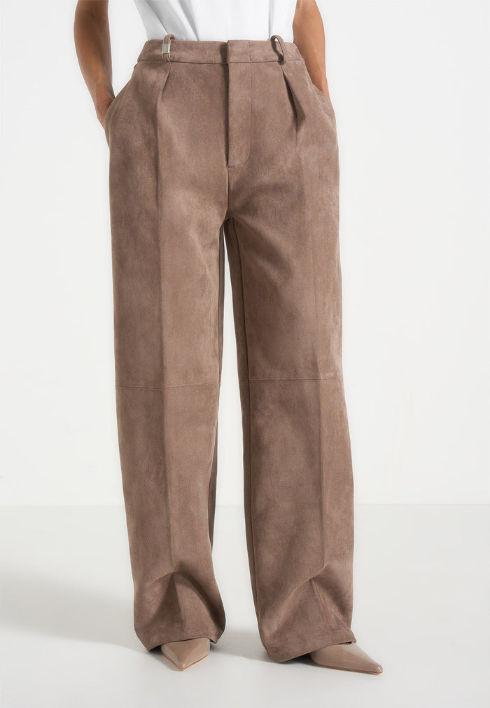 Solène - Suede Wide Leg Pleated Trousers - Taupe