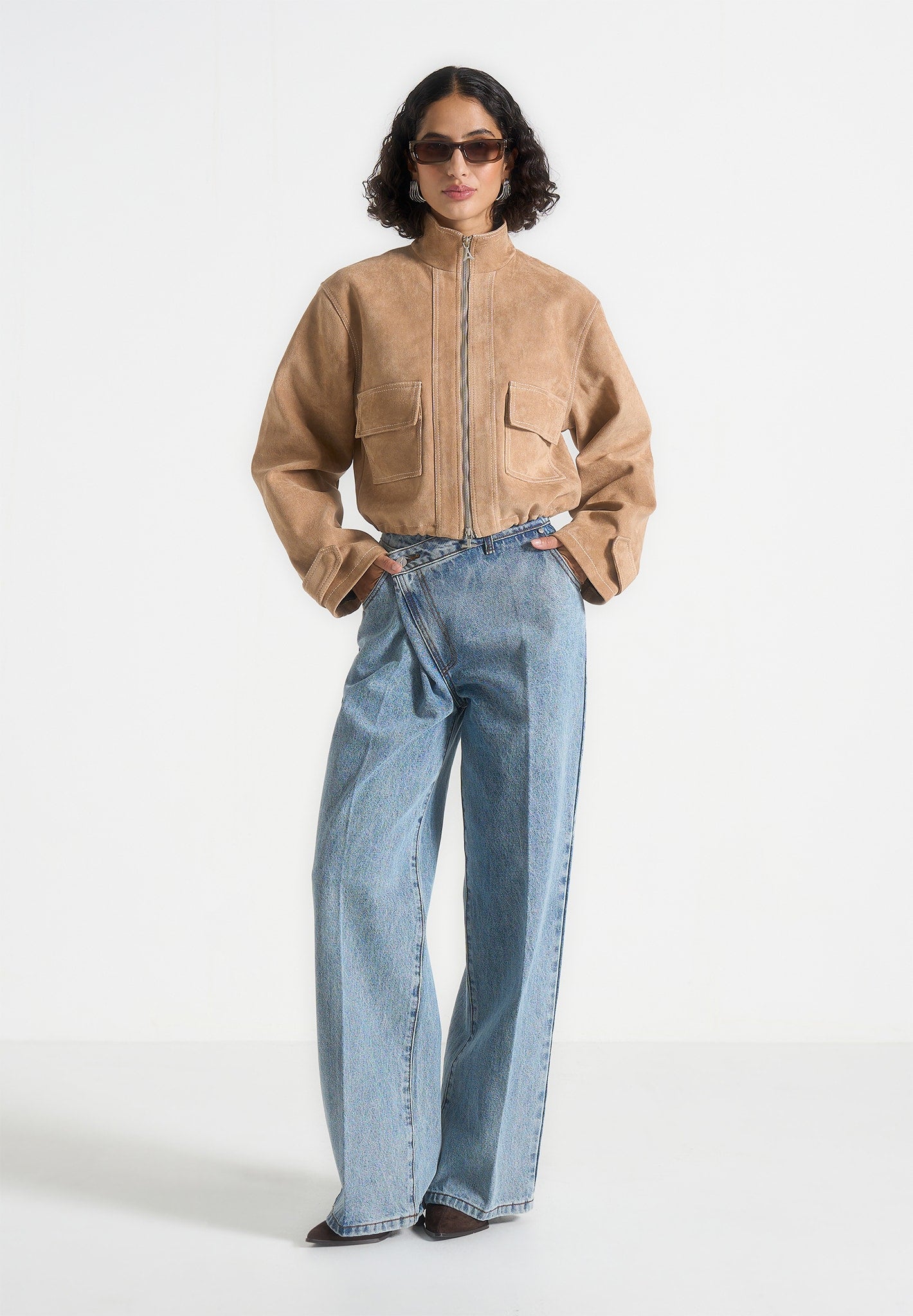 nawel-suede-contrast-stitch-jacket-with-cinched-hem-beige