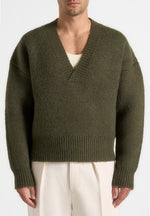 Chad - V-Neck Wool Knit Jumper - Olive