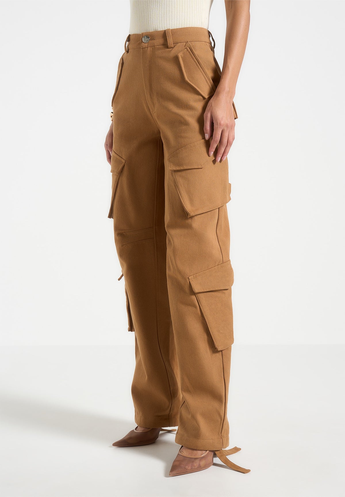 Anne - High Waisted Cargo Pants - Tan