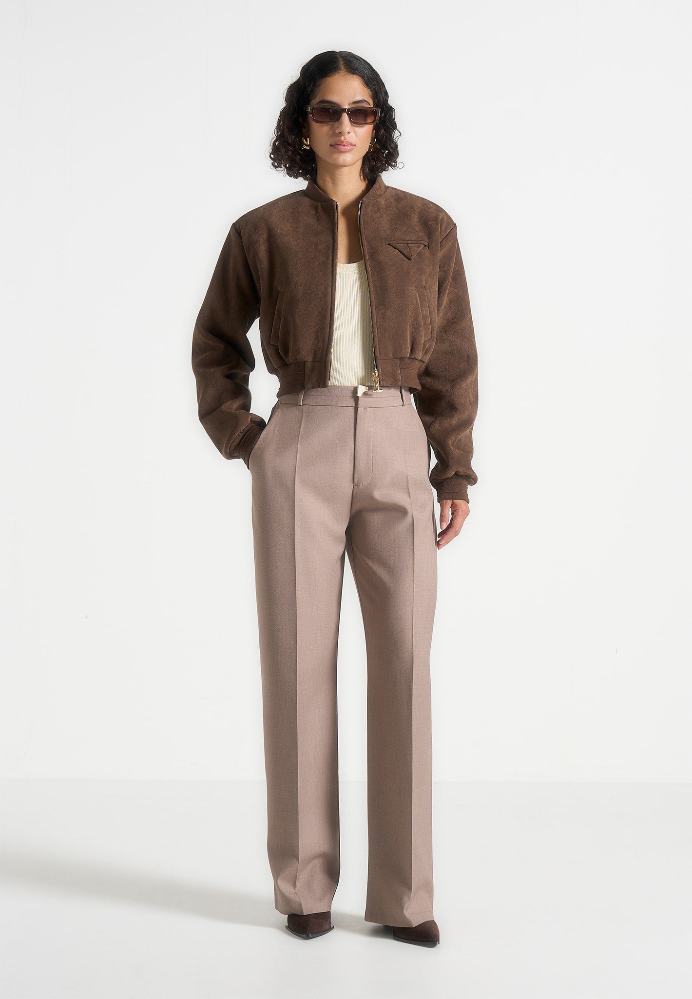 Monique - Suede Wide Shoulder Bomber Jacket - Brown