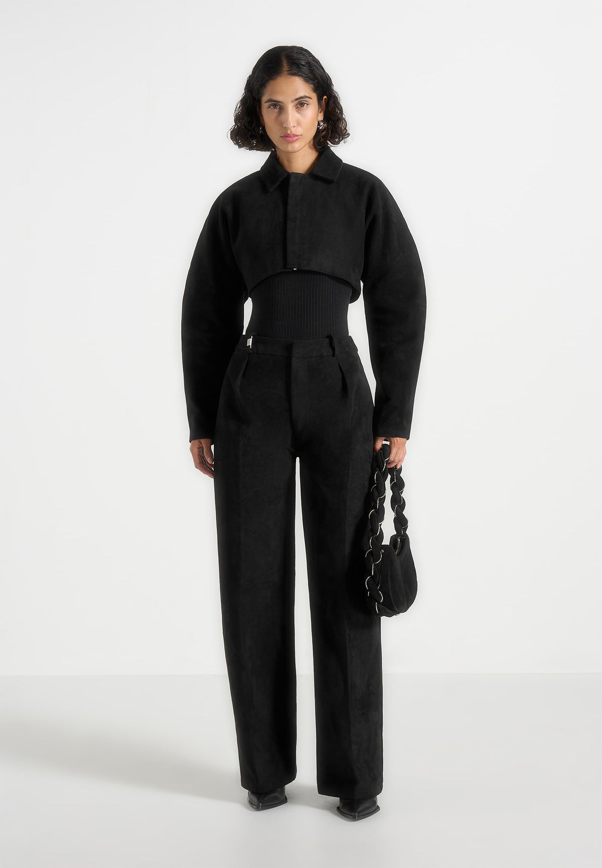 Solene - Suede Wide Leg Pleated Trousers - Black