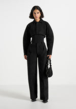 Solène - Suede Wide Leg Pleated Trousers - Black