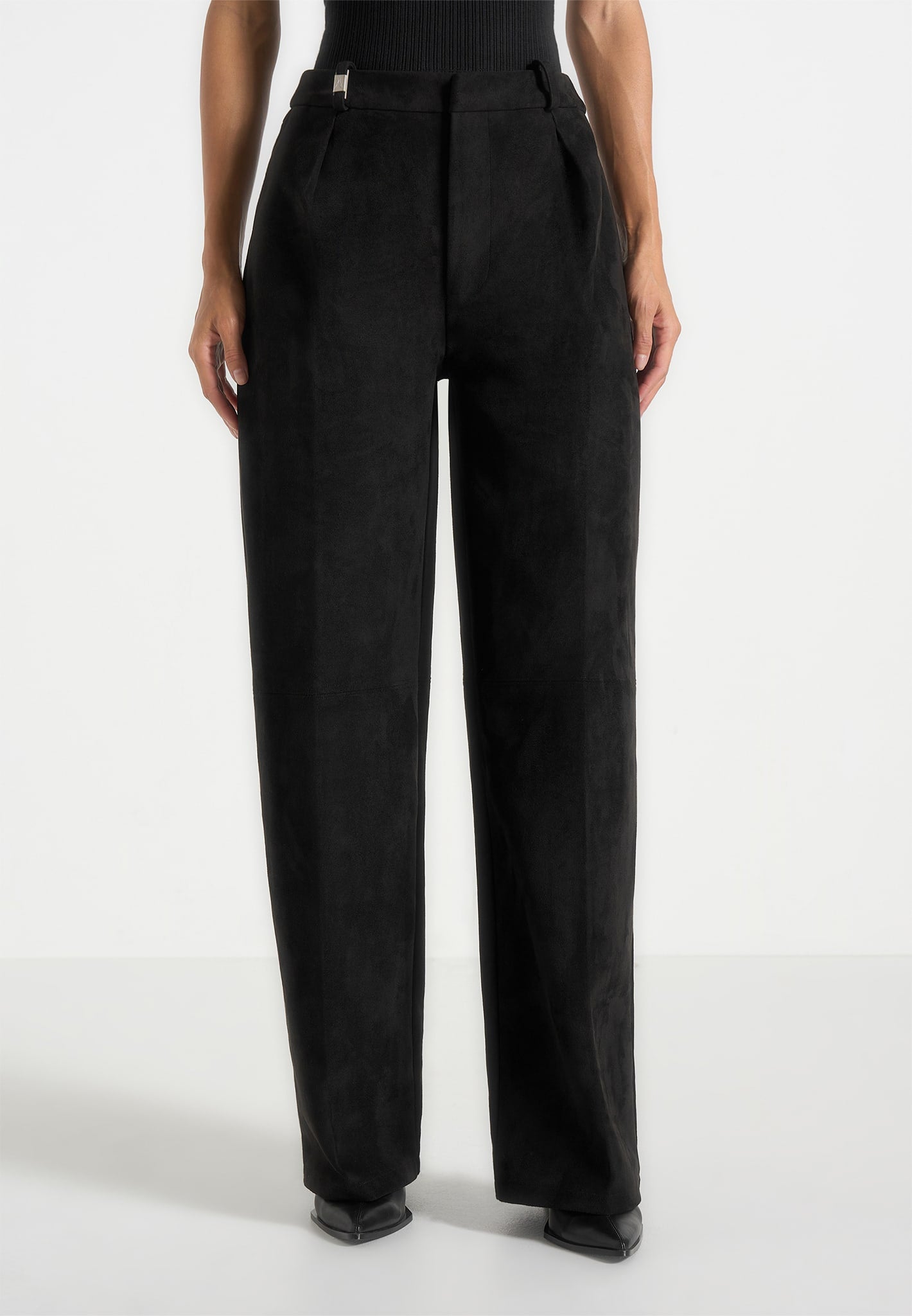 Solène - Suede Wide Leg Pleated Trousers - Black