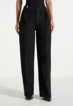 Solène - Suede Wide Leg Pleated Trousers - Black