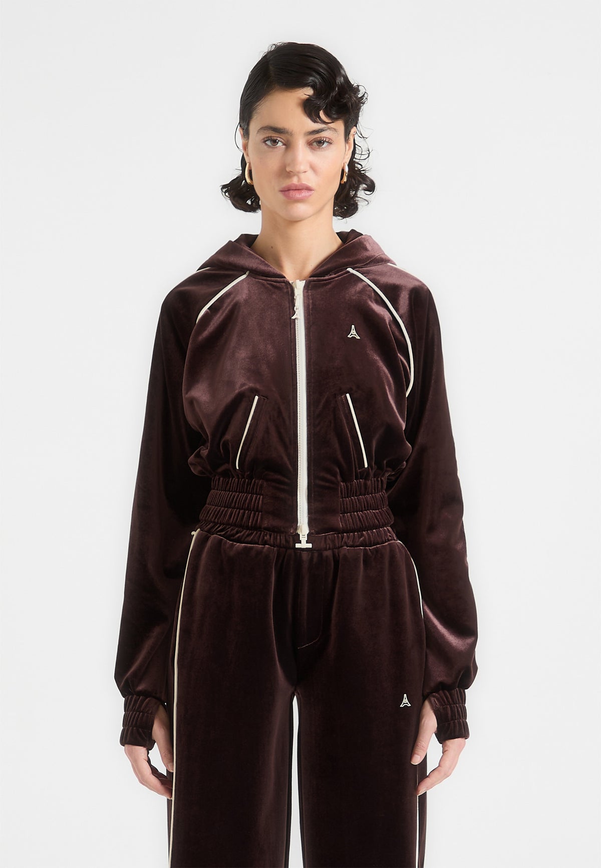 Eiffel Velour Zip Through Hoodie - Brown