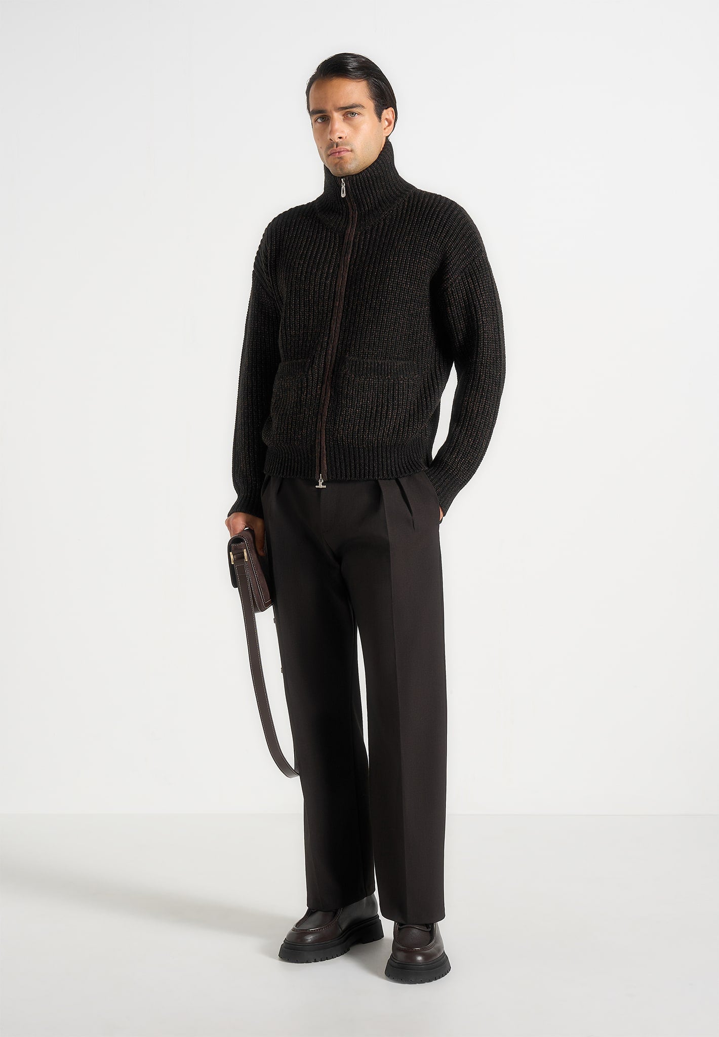 Jamie - Unisex Speckled Wool Zip Through Jacket - Black 