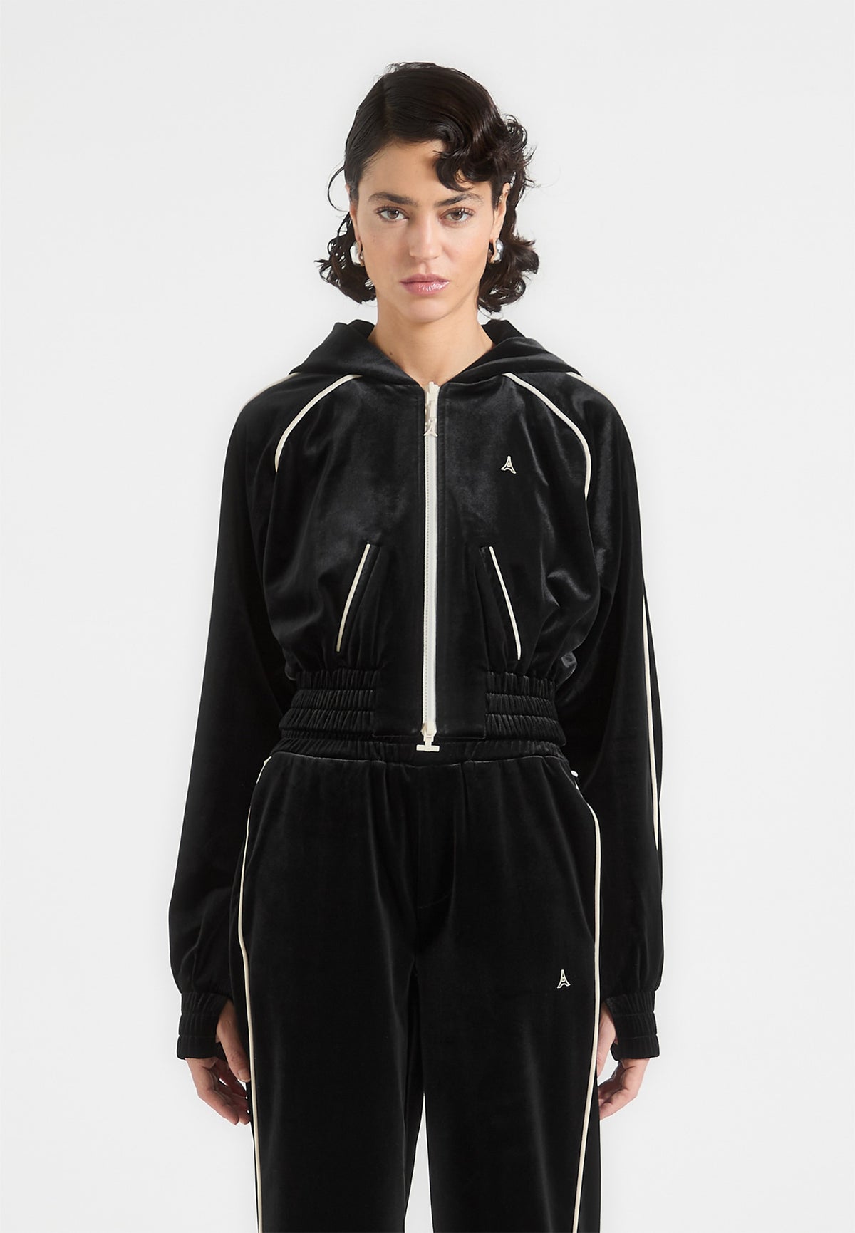 Eiffel Velour Zip Through Hoodie - Black