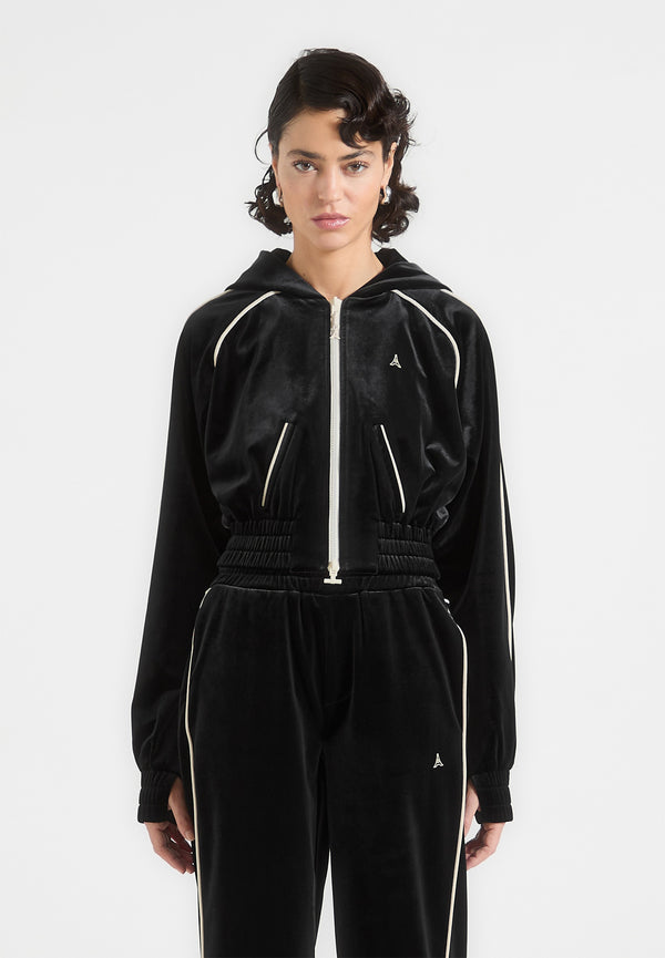 Eiffel Velour Zip Through Hoodie - Black