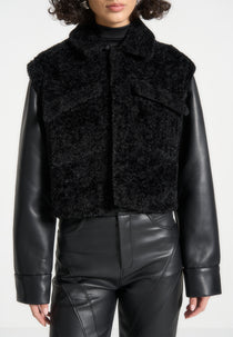 Plush Jacket With Leather Sleeves - Black