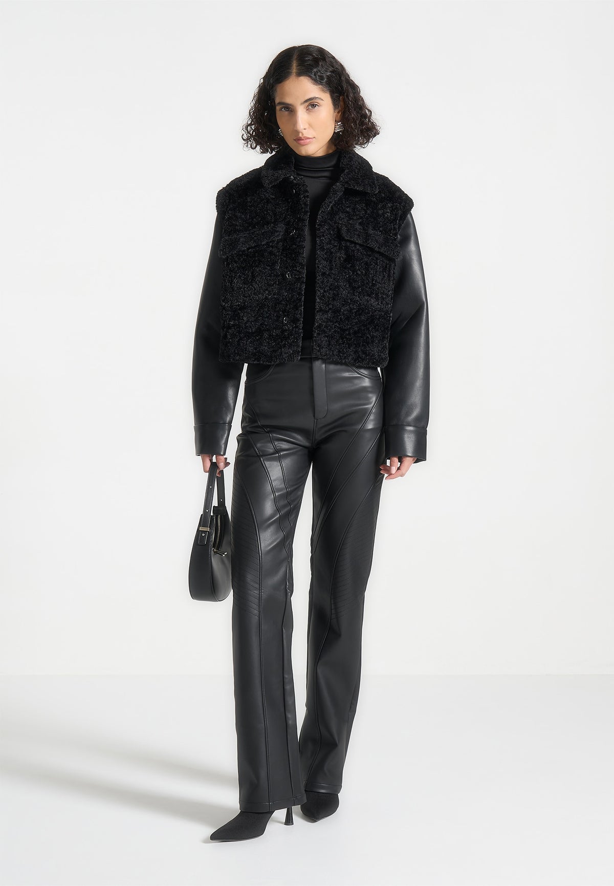 Plush Jacket With Leather Sleeves - Black