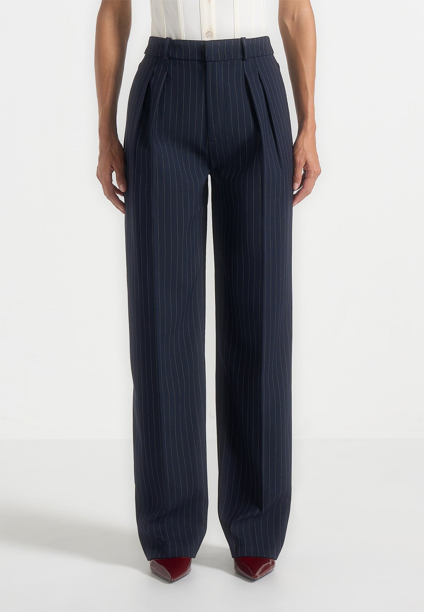 Julie - Pinstripe Twin Pleat Tailored Trousers - Navy