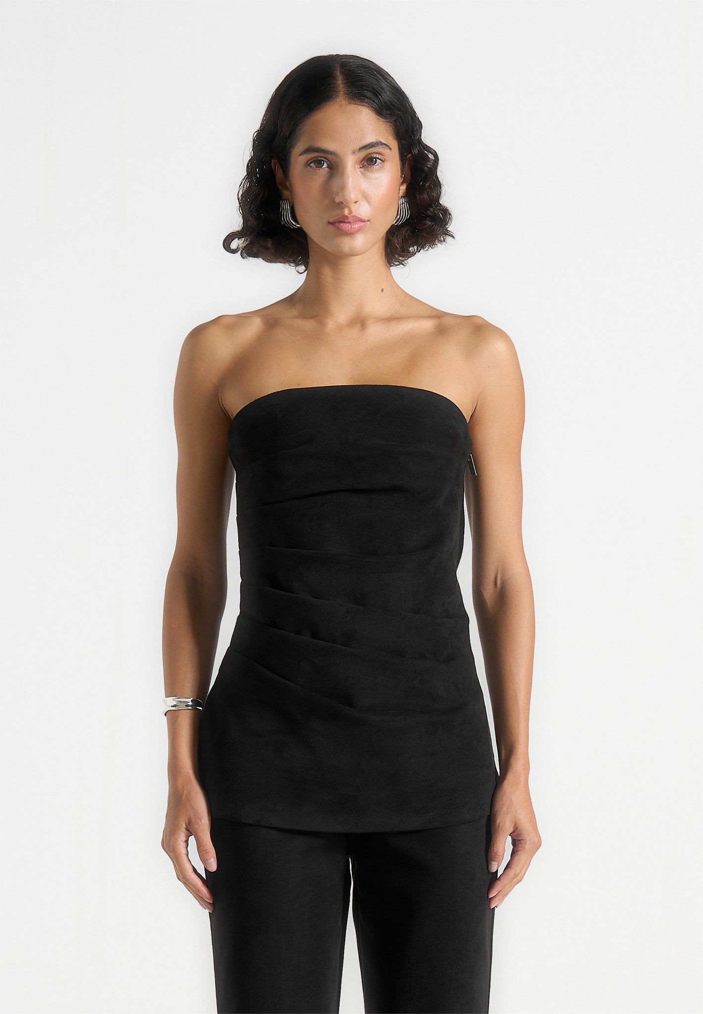 Laurena - Suede Tacked Longline bandeau Top - Black