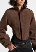 Solange - Suede Tacked Sleeve Corset Jacket - Brown