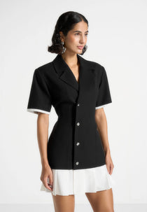 Baya - Tailored Cinch Waist Pleated Blazer Dress - Black