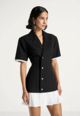 baya-tailored-cinch-waist-pleated-blazer-dress-black