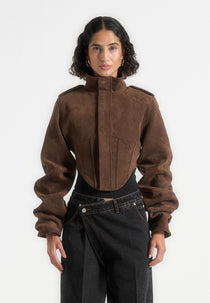 Solange - Suede Tacked Sleeve Corset Jacket - Brown