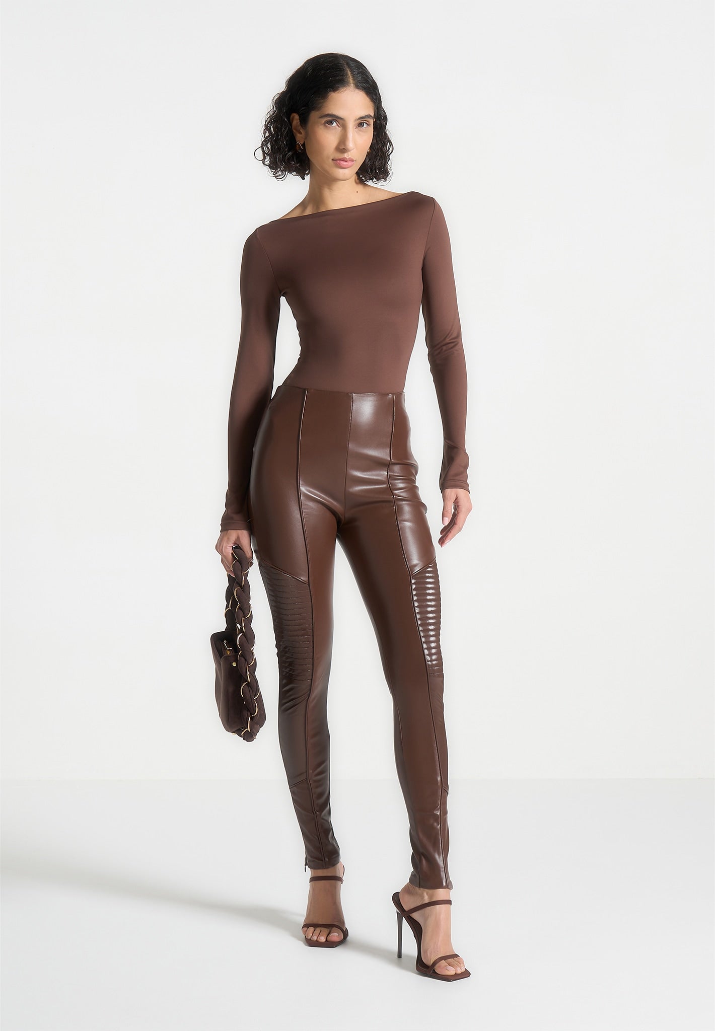 Leather & Patent Ribbed Leggings - Brown