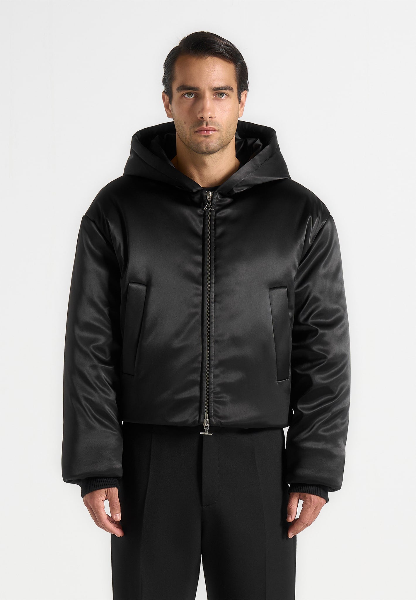 Dario - Satin Cropped Hooded Jacket - Black