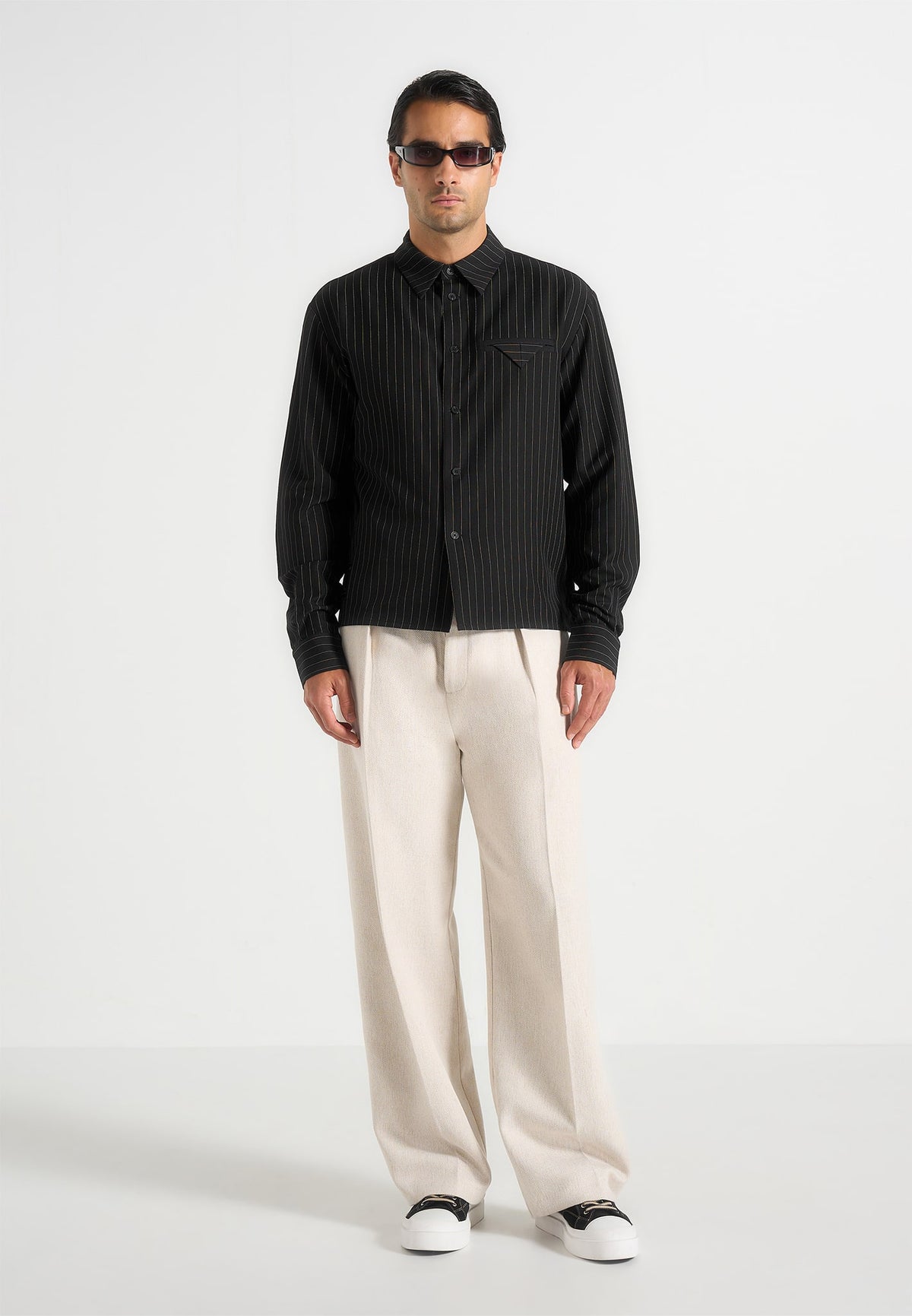 Arlo - Pinstripe Cropped Long Sleeve Shirt - Black