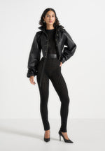 Tiana - Pointelle Knit Long Sleeve Jumpsuit with Belt - Black