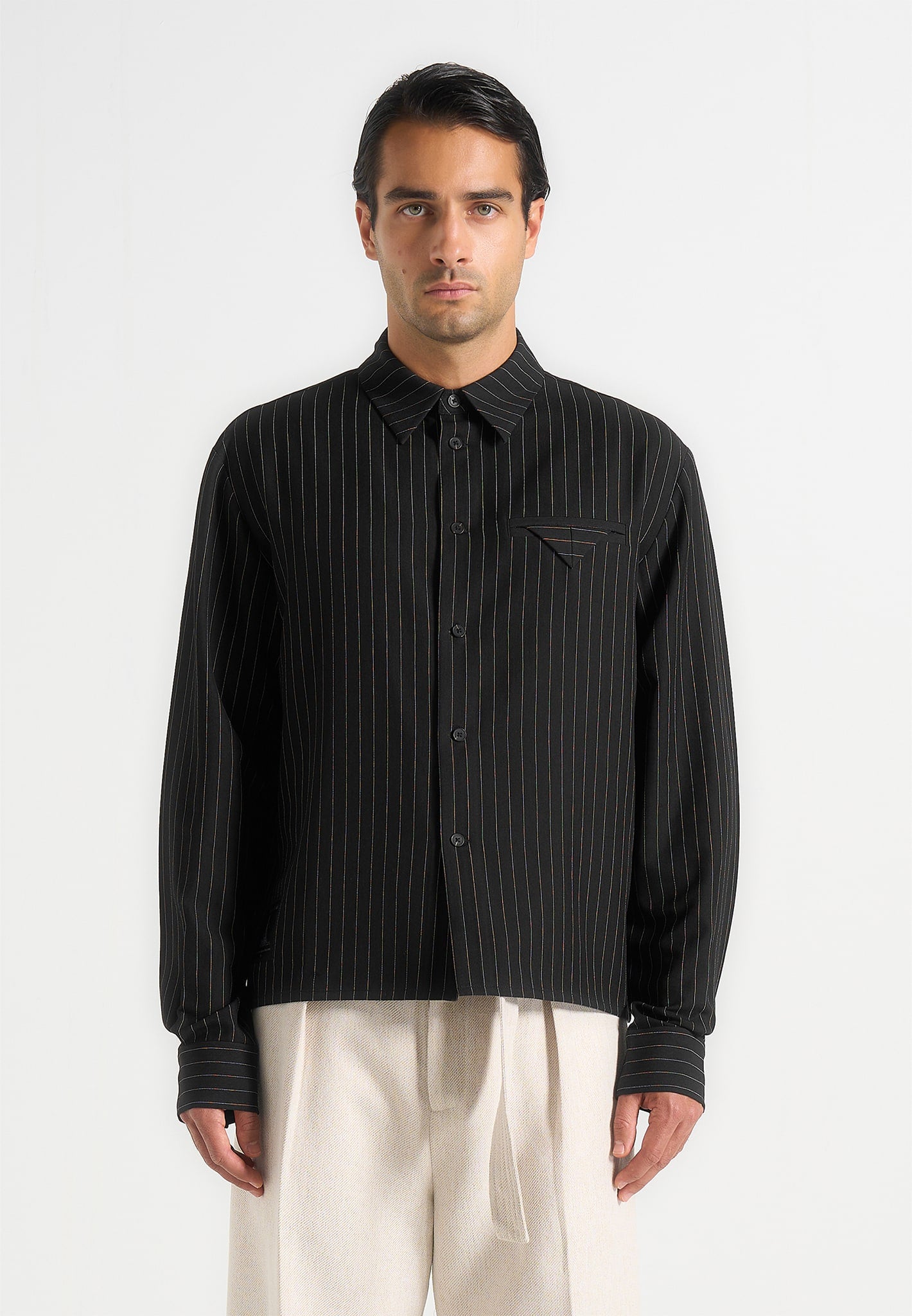 Arlo - Pinstripe Cropped Long Sleeve Shirt - Black