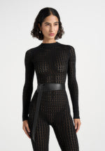 Tiana - Pointelle Knit Long Sleeve Jumpsuit with Belt - Black