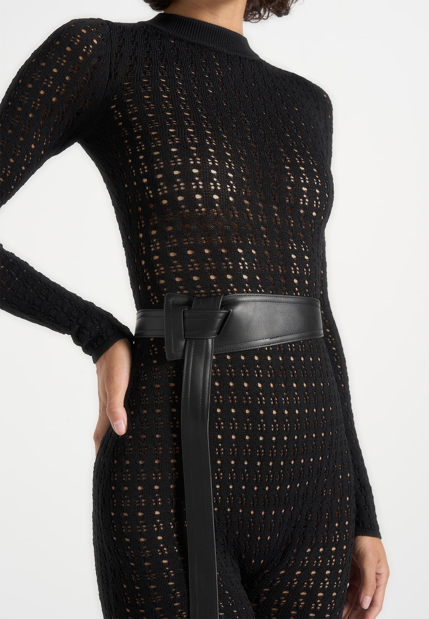 Tiana - Pointelle Knit Long Sleeve Jumpsuit with Belt - Black