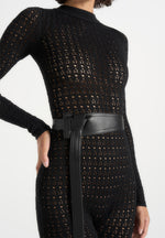 Tiana - Pointelle Knit Long Sleeve Jumpsuit with Belt - Black