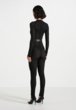 Tiana - Pointelle Knit Long Sleeve Jumpsuit with Belt - Black