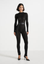 Tiana - Pointelle Knit Long Sleeve Jumpsuit with Belt - Black