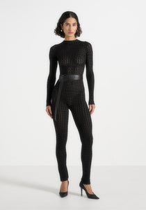 Tiana - Pointelle Knit Long Sleeve Jumpsuit with Belt - Black