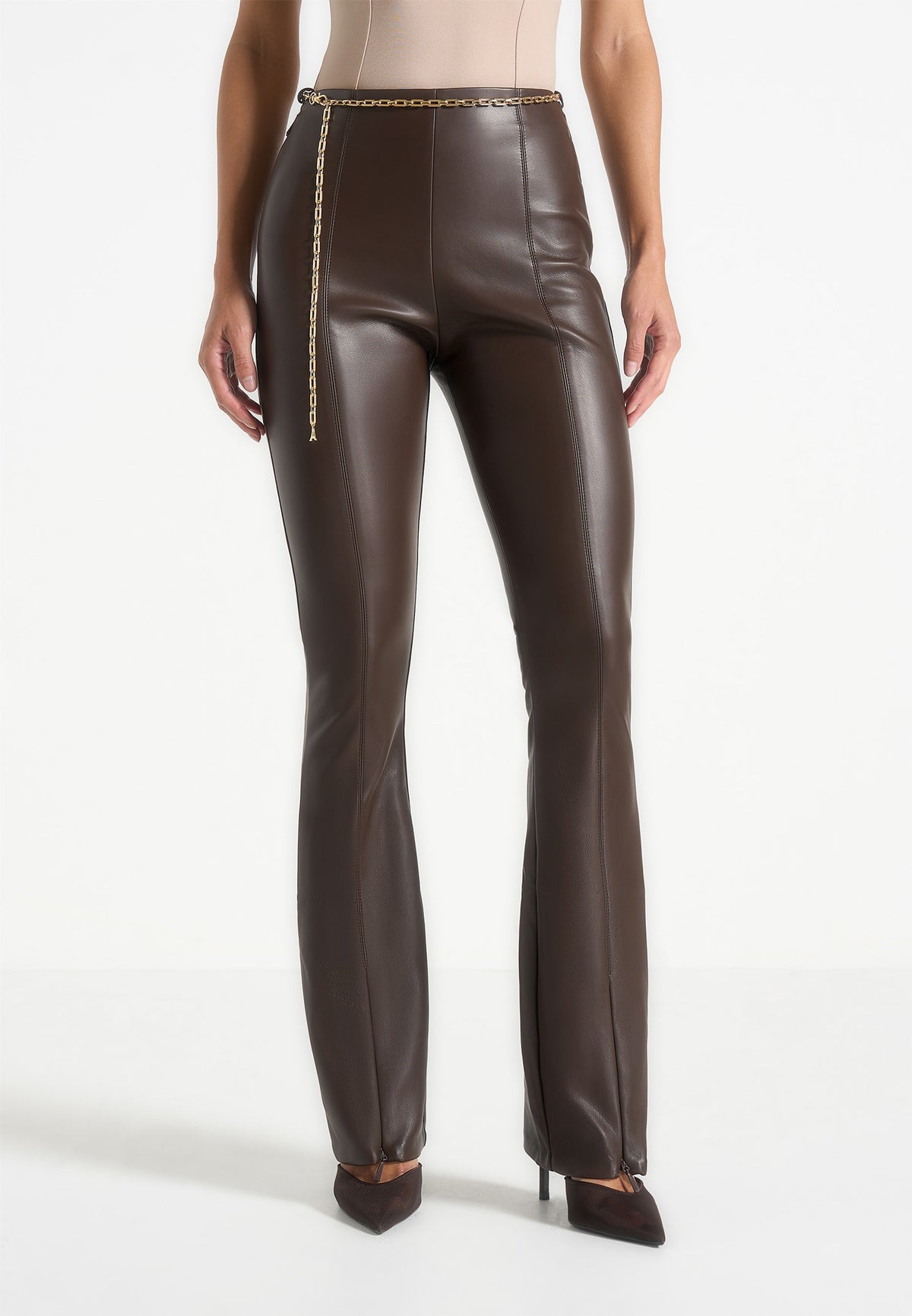 Ninon - Leather Fit And Flare Trousers With Chain - Brown