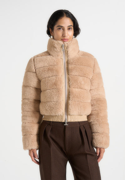 Ama - Plush Ribbed Jacket with Neck Scarf - Beige