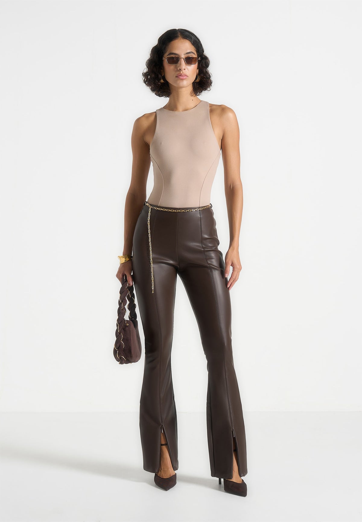 Ninon - Leather Fit And Flare Trousers With Chain - Brown
