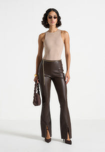 Ninon - Leather Fit And Flare Trousers With Chain - Brown