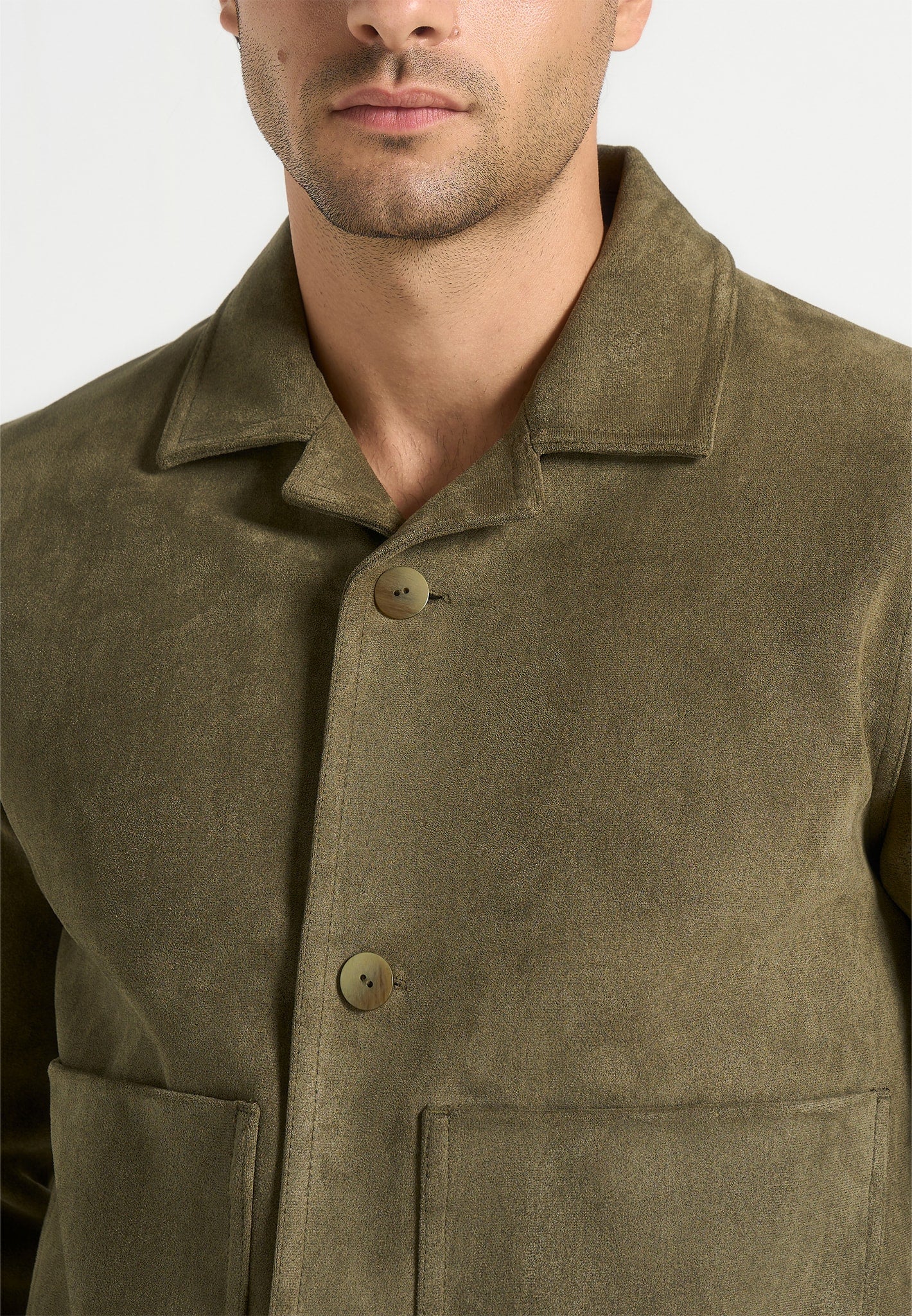Michel - Suede Jacket With Revere Collar - Olive