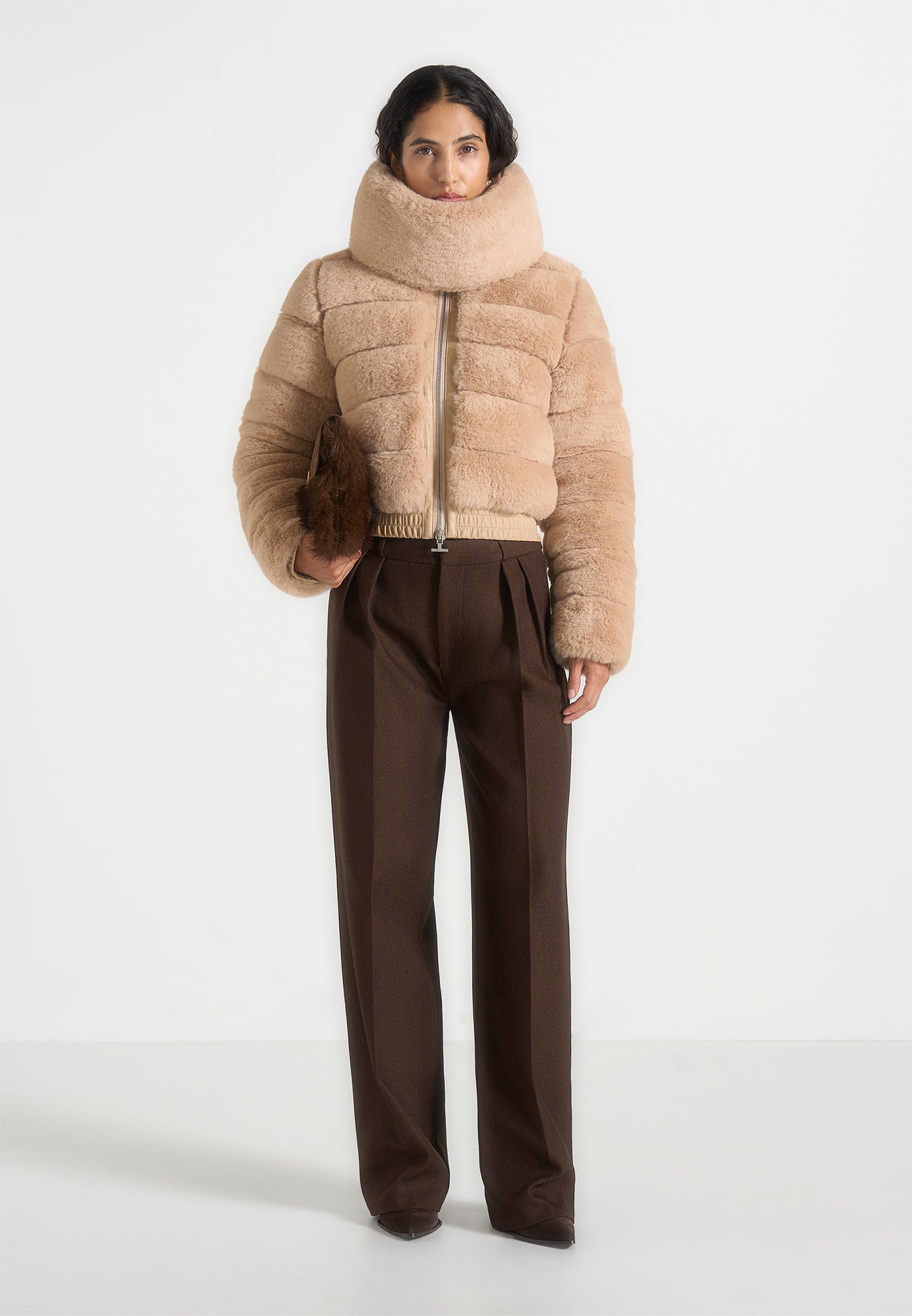 Ama - Plush Ribbed Jacket with Neck Scarf - Beige 