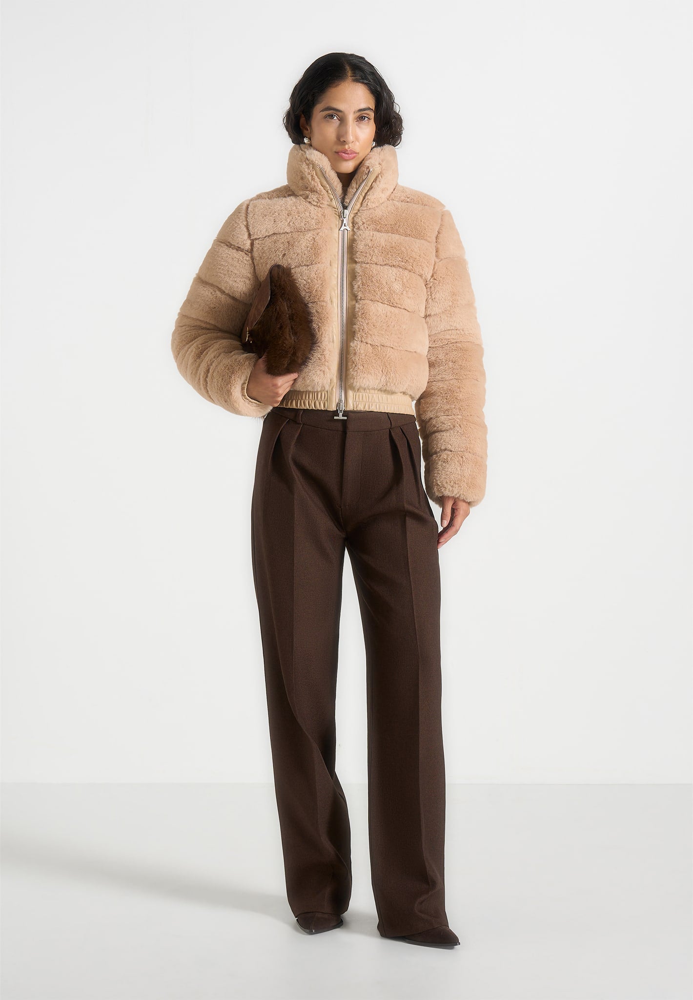 Ama - Plush Ribbed Jacket with Neck Scarf - Beige